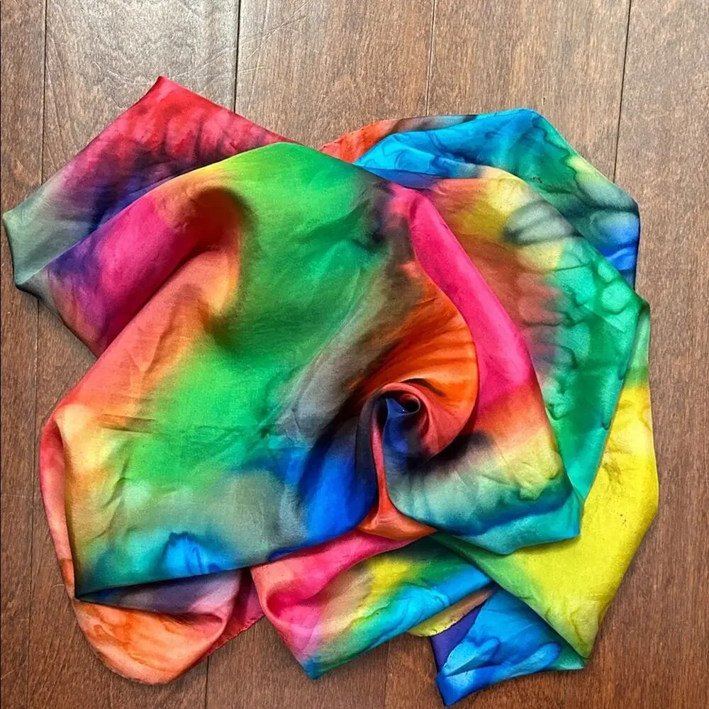 Hand Rolled Multicolor Rainbow Tie-Dye Scarf in a Silky Fabric, Square Shape